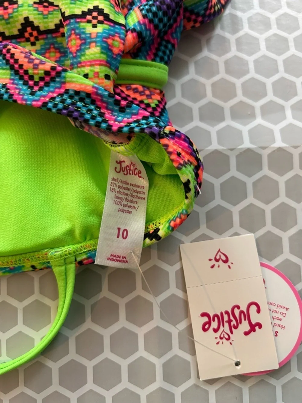 NWT Justice Neon Green & Multi-Color Aztec Tankini Set. Size 10